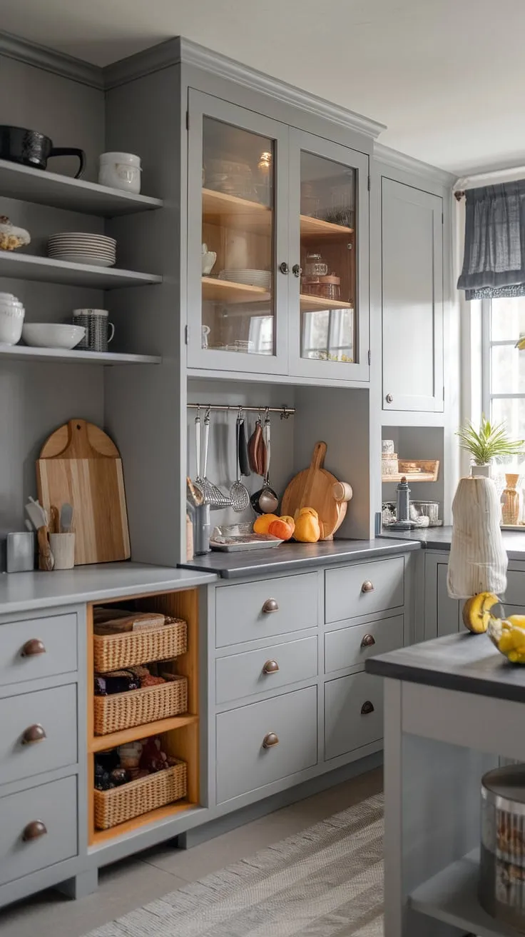A modern grey kitchen, showcasing sleek farmhouse kitchen cabinets and a chic dresser, perfectly complements the model's effortless style.  The thoughtful desain pantry and overall hiasan dalaman dapur create a sophisticated ambiance. This grey kitchen designs inspiration is effortlessly chic.