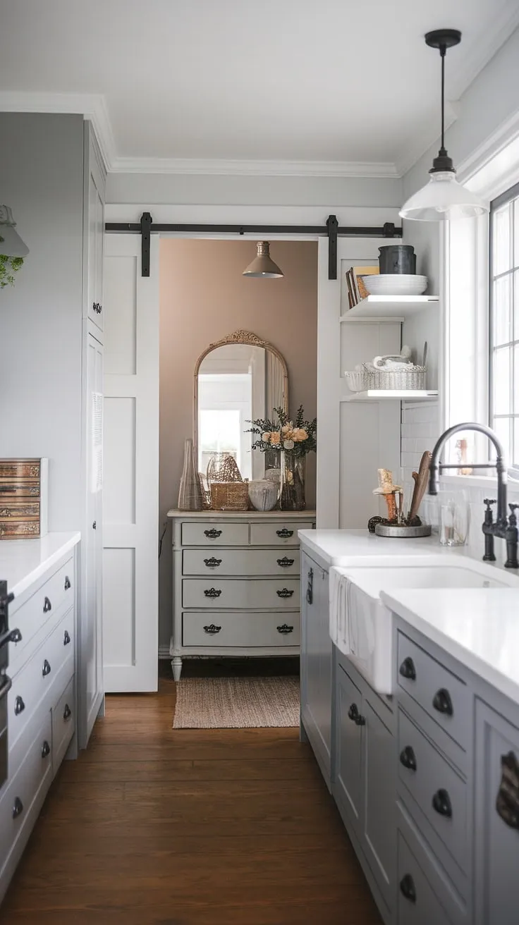 A captivating model dapur, this grey kitchen boasts a stunning blend of modern and farmhouse aesthetics.  The grey kitchen designs are elevated by the chic dresser and its mirror, while the practical desain pantry and stylish kabinet dapur complete the look.  The overall hiasan dalaman dapur is both functional and beautiful, showcasing a truly inspiring space.
