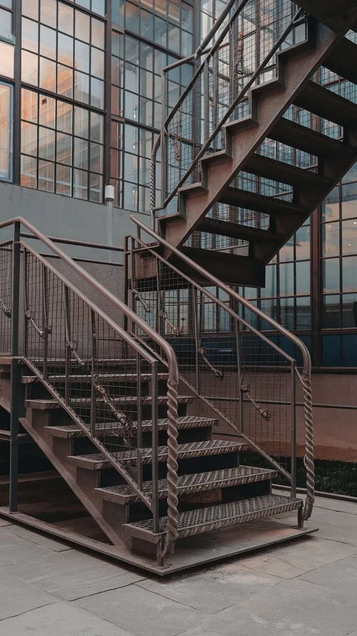 Sculptural steel stairs meet raw concrete in this striking outdoor staircase. The grilled staircase's intricate stair railing design and robust metal stairs create a captivating industrial aesthetic.  These concrete stairs and steel stairs are more than just a pathway; they're a statement.