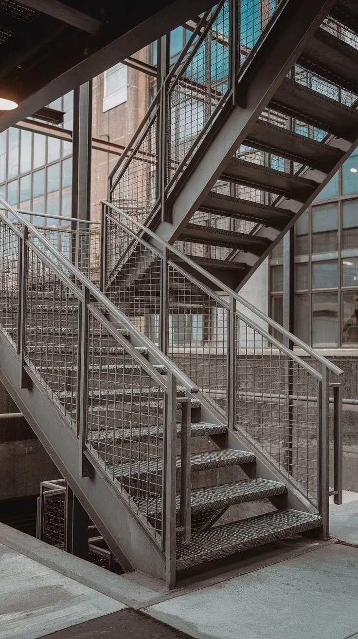 This outdoor staircase, a masterpiece of steel stairs and concrete, showcases a unique grilled staircase design.  The industrial stairs are both strong and elegant, the metal stairs and stair railing design perfectly complementing the building's architecture.