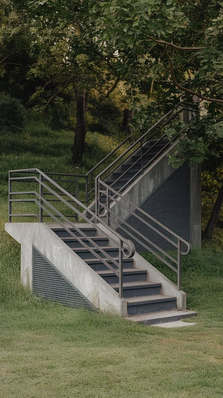 This industrial-style outdoor staircase, with its striking grilled design and robust metal stair railing design, seamlessly blends raw concrete stairs and sleek steel stairs.  The concrete stairs provide a solid foundation, while the metal stairs and railing add a touch of modern elegance to this lush green setting.