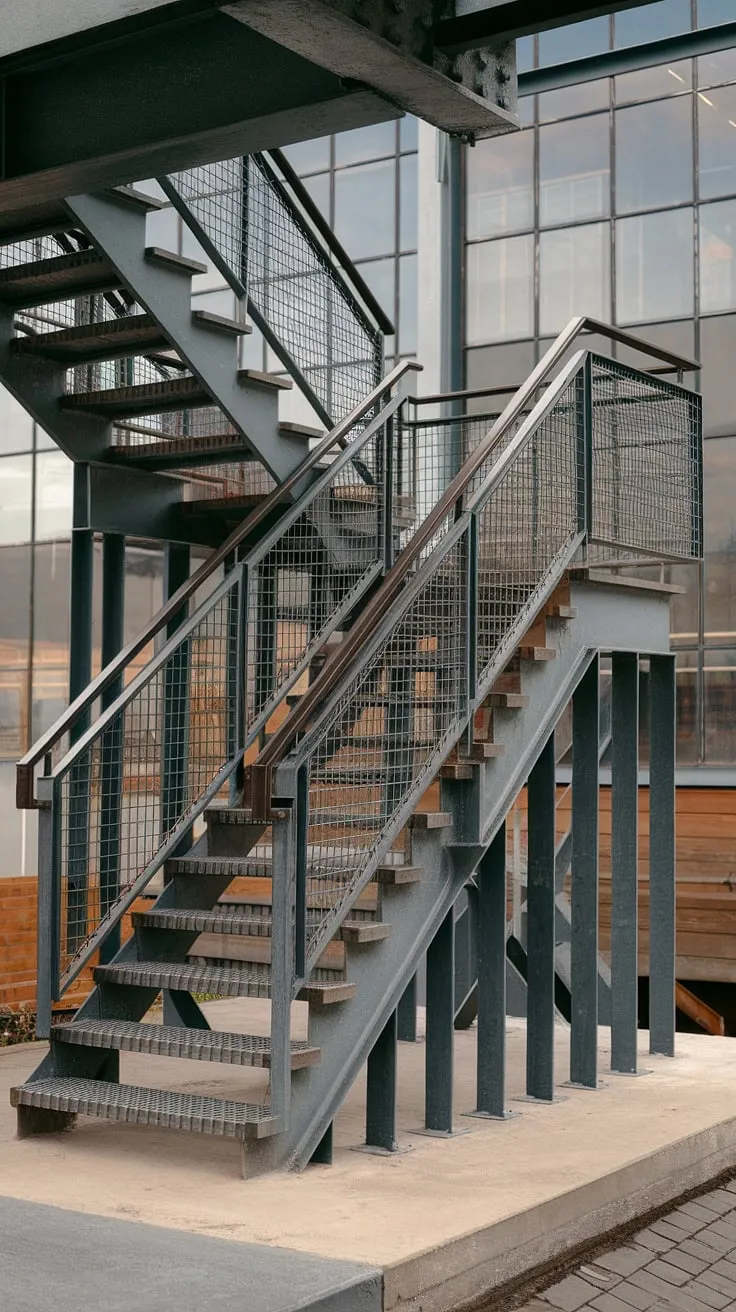 Ascending to new heights:  These industrial stairs, a fusion of concrete stairs and steel stairs, showcase a unique outdoor staircase design.  The robust metal stairs and meticulously crafted stair railing design, featuring a striking grid, create a captivating industrial aesthetic against the backdrop of the factory's large windows.