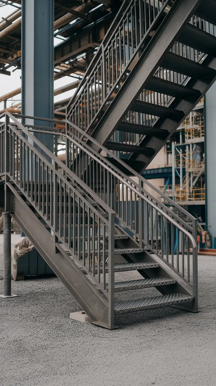 This grilled staircase, a striking example of industrial stairs, ascends towards the imposing structures beyond.  The robust metal stairs and concrete construction, complemented by the sophisticated stair railing design, create a powerful visual statement in this gritty outdoor setting.  The steel stairs are a testament to both strength and style.