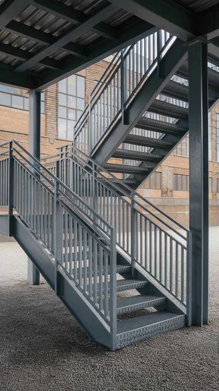 Sunlight illuminates the robust steel and concrete construction of this outdoor staircase, its grilled design a striking feature against the brick backdrop.  The intricate stair railing design complements the industrial stairs, showcasing the strength and artistry of the metal stairs.