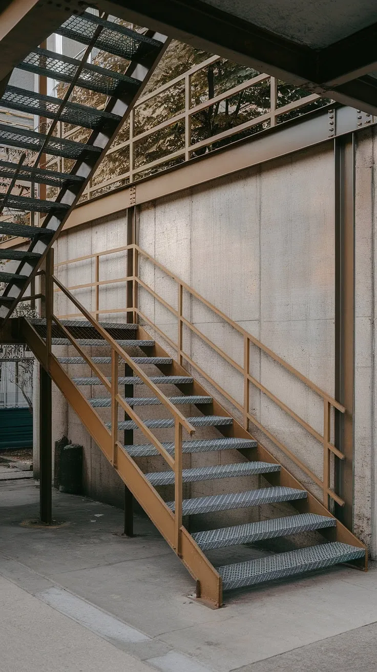 This grilled staircase, a striking example of industrial stairs, climbs towards the sky.  The robust steel stairs and yellow stair railing design contrast beautifully against the concrete backdrop, a testament to both function and form in this outdoor staircase setting.