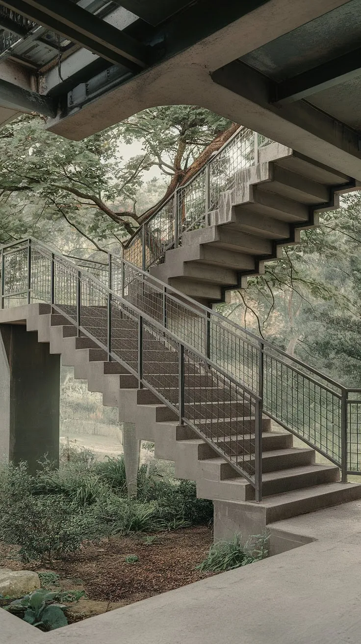 This grilled staircase, a masterpiece of industrial stairs design, spirals gracefully through the lush landscape.  The concrete stairs form a solid base for the elegant metal stairs and intricate stair railing design, a testament to the beauty found in industrial architecture.  The steel stairs invite exploration, promising a journey as captivating as the view from the top.