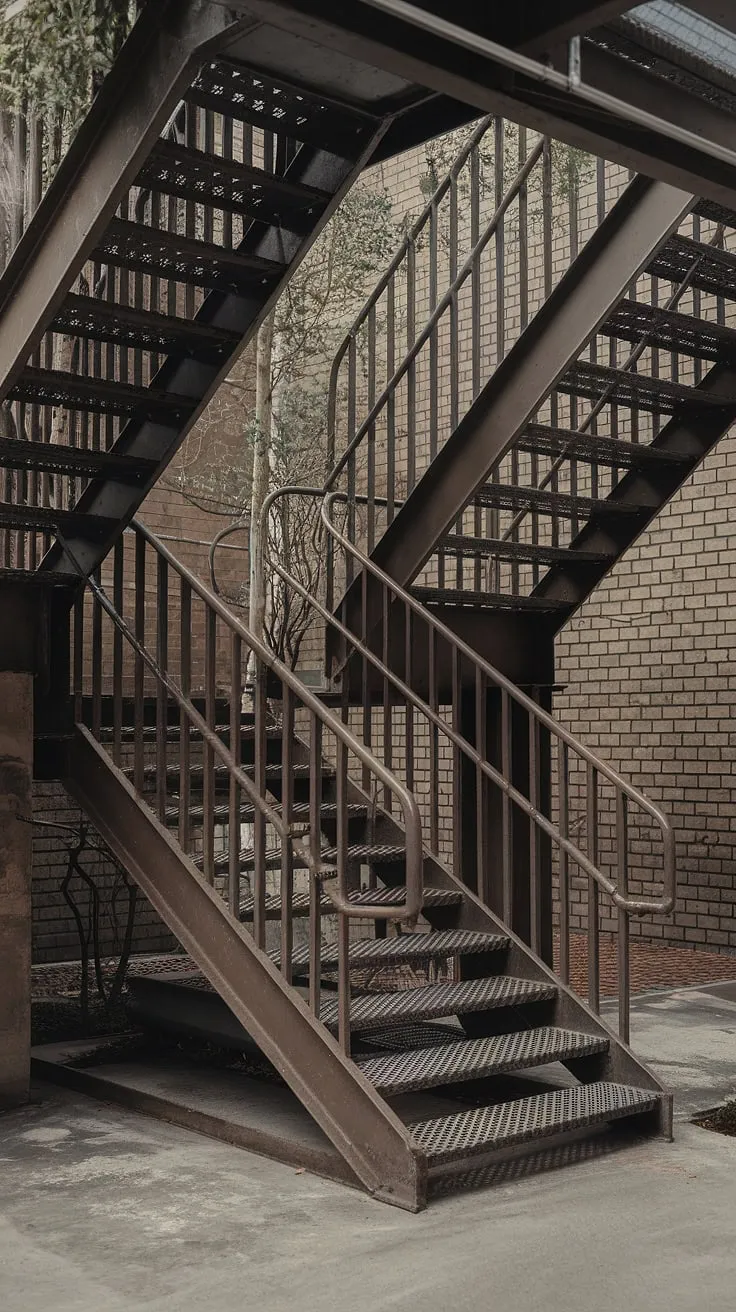 This grilled staircase, a masterpiece of industrial design, seamlessly blends steel stairs and concrete steps.  The robust stair railing design and metal stairs create a striking contrast against the brick backdrop, while the outdoor staircase's location amidst greenery adds an unexpected touch of serenity.