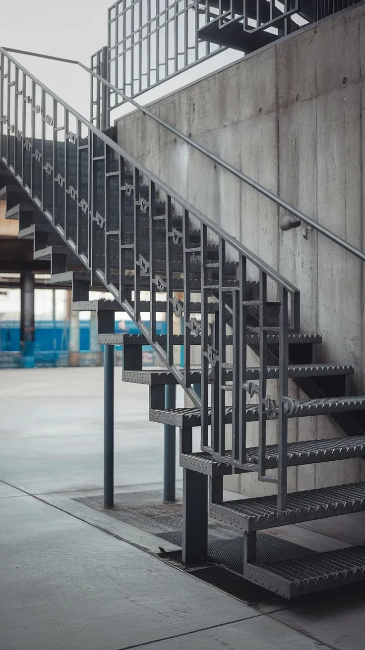 This grilled staircase, a masterpiece of industrial design, ascends towards an expansive urban vista.  The robust concrete stairs and sleek steel stair railing design create a striking contrast, showcasing the raw beauty of metal stairs and concrete stairs in perfect harmony.  The outdoor staircase is a testament to both functionality and aesthetic appeal.