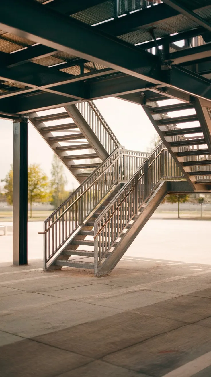 This industrial stairs masterpiece commands attention.  The concrete stairs and steel stairs are seamlessly integrated, creating a grilled staircase that's both functional and visually stunning.  Note the intricate stair railing design and the way the metal stairs seem to float against the backdrop of nature.  A perfect example of outdoor staircase design.