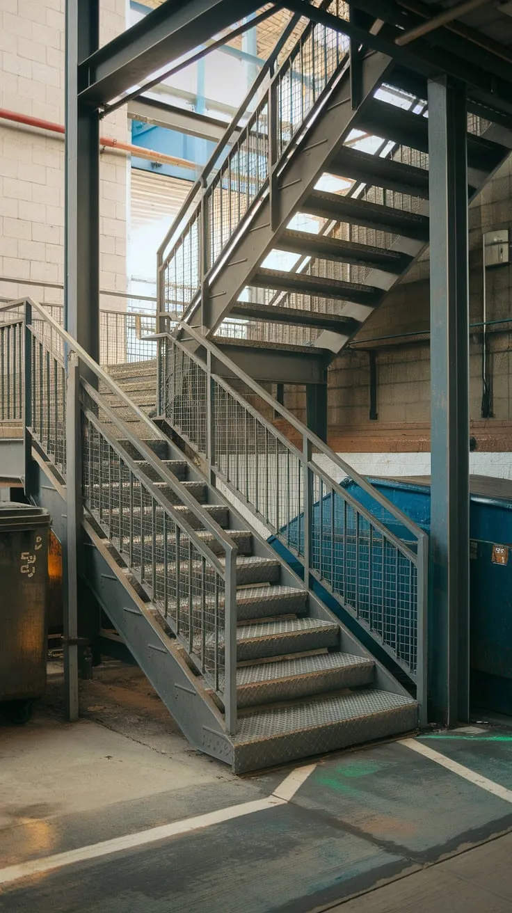 This outdoor staircase, a striking example of industrial stairs, commands attention.  The grilled staircase, with its concrete stairs and sturdy steel stairs, showcases a powerful stair railing design.  Even amidst the surrounding dumpsters and walls, the bright lights highlight the raw elegance of this metal stairs structure.