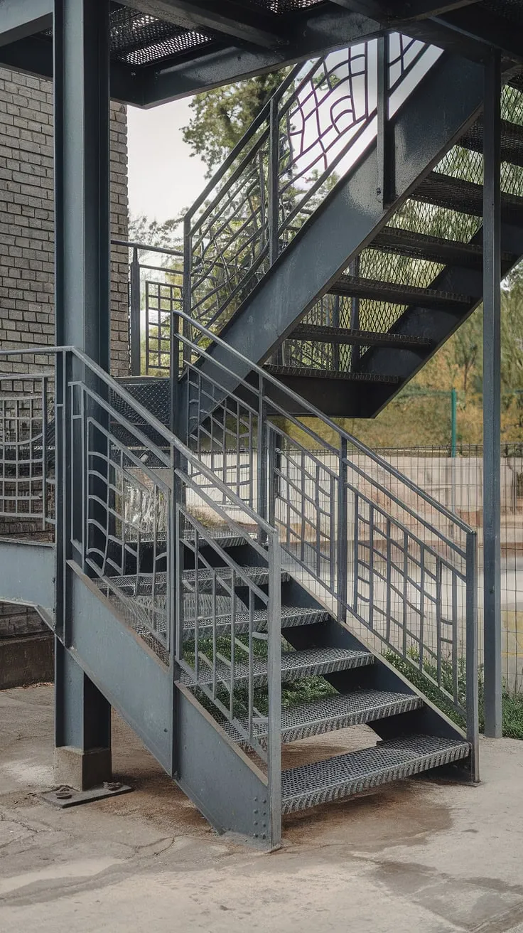 The strong lines of this industrial outdoor staircase command attention.  The grilled design of the steel stairs, complemented by the unique stair railing design, showcases the beauty of metal stairs and concrete stairs working in harmony.  A perfect blend of form and function, this outdoor staircase is a testament to thoughtful design.
