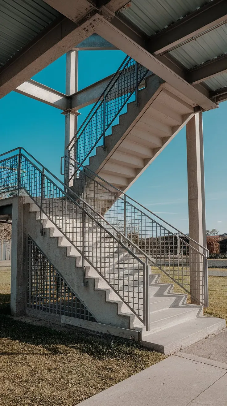 This grilled staircase, a striking blend of concrete and steel, ascends towards a brilliant blue sky.  The industrial stairs' robust metal stair railing design and the textured concrete stairs create a powerful visual statement, showcasing the beauty of functional outdoor staircase design.