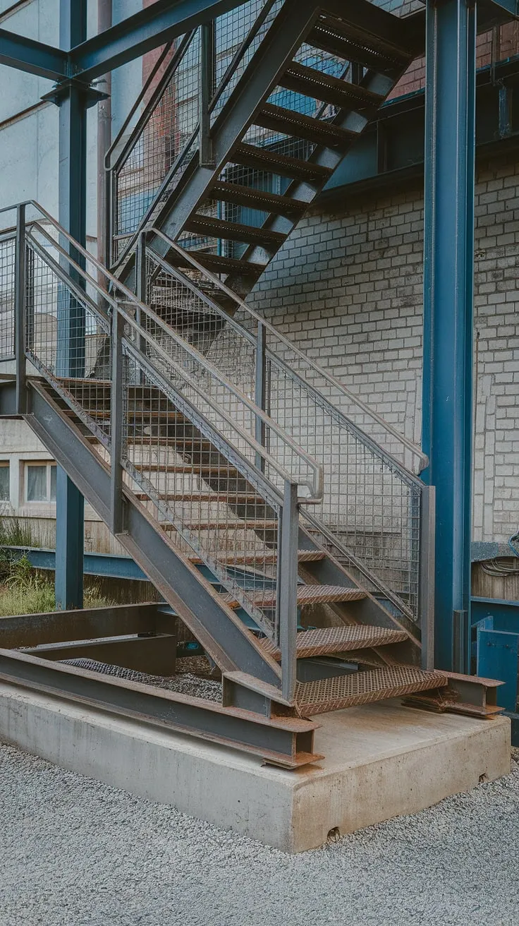 The robust steel stairs, a testament to industrial design, ascend towards the brick building.  The grilled staircase's metal construction and concrete base create a striking contrast against the gravel ground, showcasing a unique stair railing design.  These outdoor staircase and concrete stairs are a perfect blend of form and function.