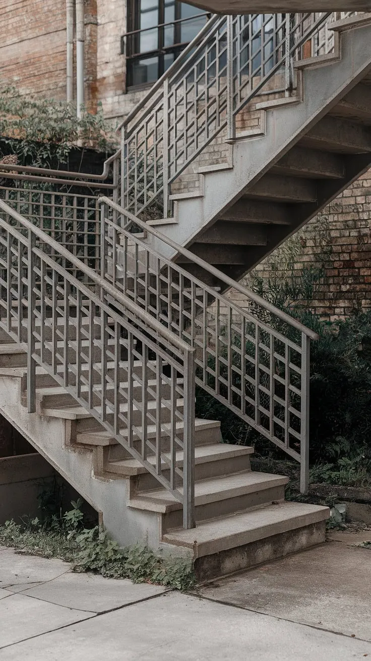 The robust steel stairs, a testament to industrial design, ascend with a grilled staircase pattern, their concrete base a solid foundation against the backdrop of brick and nature.  The stair railing design is both functional and aesthetically pleasing, showcasing the strength and beauty of metal stairs in this outdoor staircase.