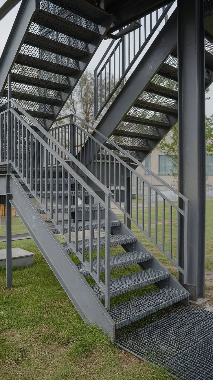 This outdoor staircase, a masterpiece of industrial design, seamlessly blends steel and concrete.  The grilled staircase design, with its robust metal stairs and concrete treads, creates a striking contrast against the lush green surroundings. Note the meticulous stair railing design, a testament to both functionality and aesthetic appeal.