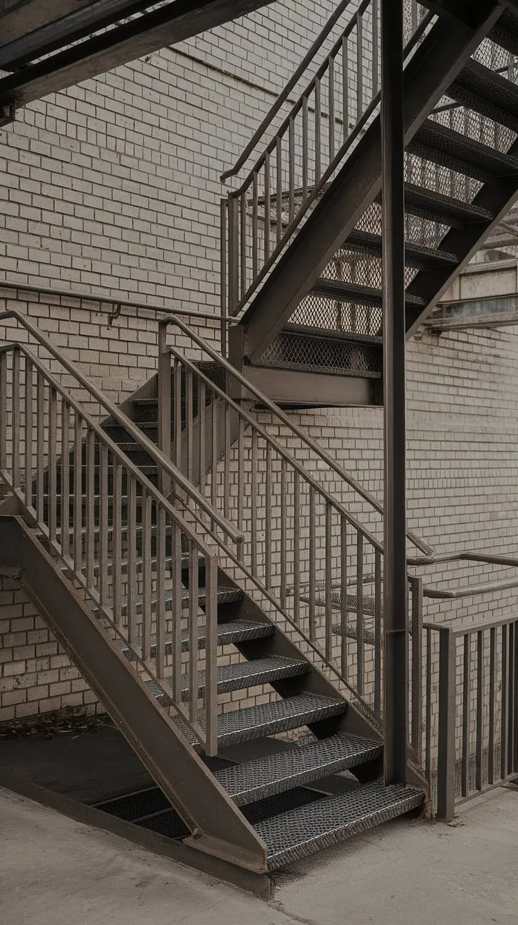 This outdoor staircase, a masterpiece of industrial design, showcases the raw beauty of steel and concrete.  The grilled staircase design, complemented by the robust stair railing design, adds a touch of elegance to these metal stairs, while the concrete stairs provide a solid foundation.  A perfect blend of form and function in this industrial stairs setting.