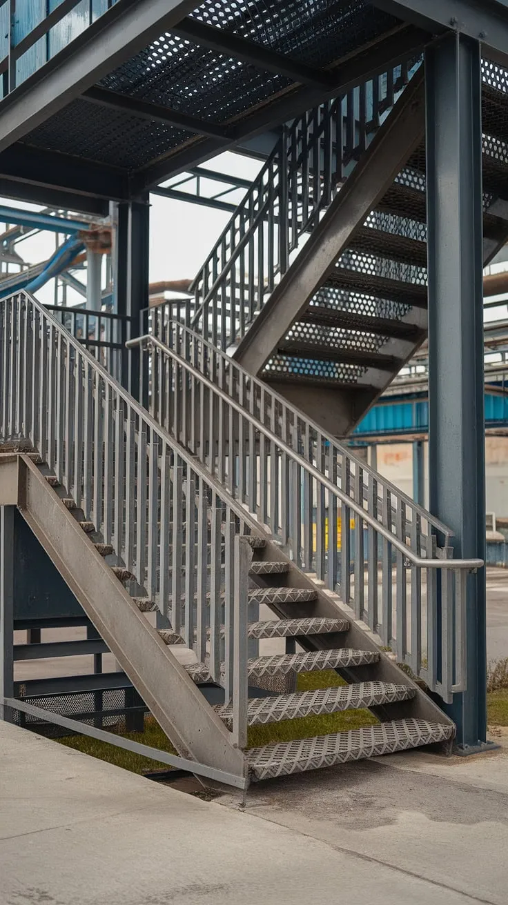 A symphony of steel and concrete: these industrial stairs, with their striking grilled design and sturdy stair railing design, command attention.  The elevated metal stairs and concrete construction create a powerful outdoor staircase in this gritty industrial setting.