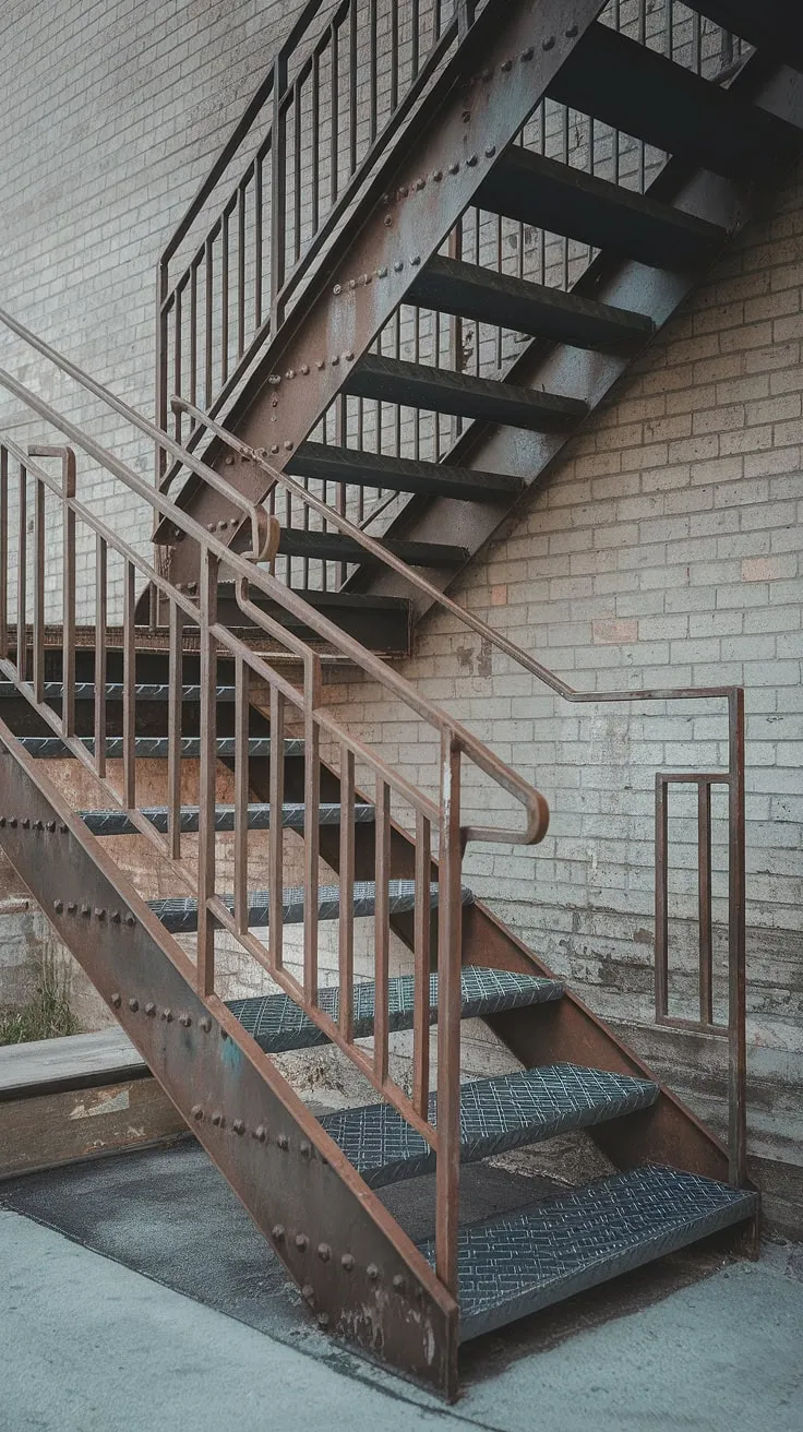Time-worn and undeniably strong, this grilled staircase speaks volumes of industrial history.  The metal stairs, a testament to enduring design, climb towards an unknown destination, their steel stair railing design a perfect complement to the concrete stairs and textured brick backdrop.  A perfect example of outdoor staircase architecture.