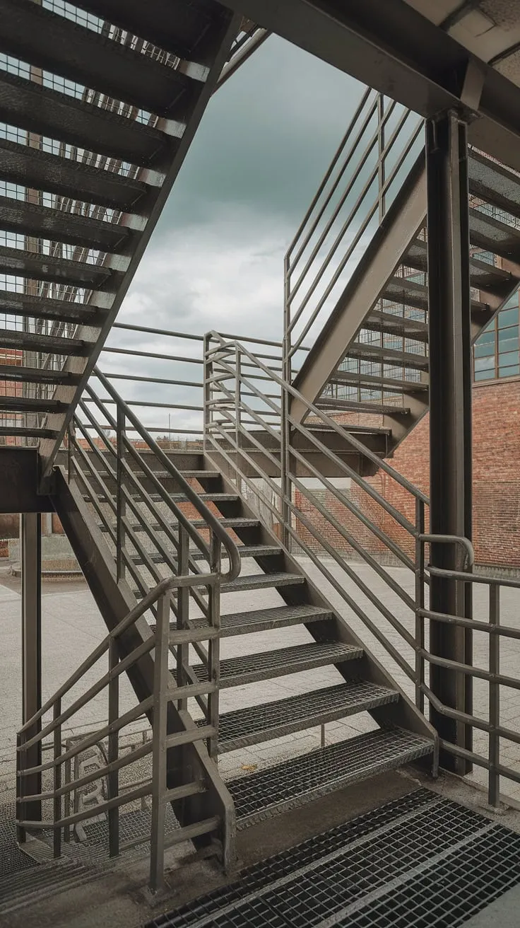 Ascending to the heavens, this grilled staircase, a masterpiece of industrial design, showcases the robust beauty of steel stairs and concrete stairs.  The stair railing design complements the metal stairs perfectly, a testament to both strength and artistry.