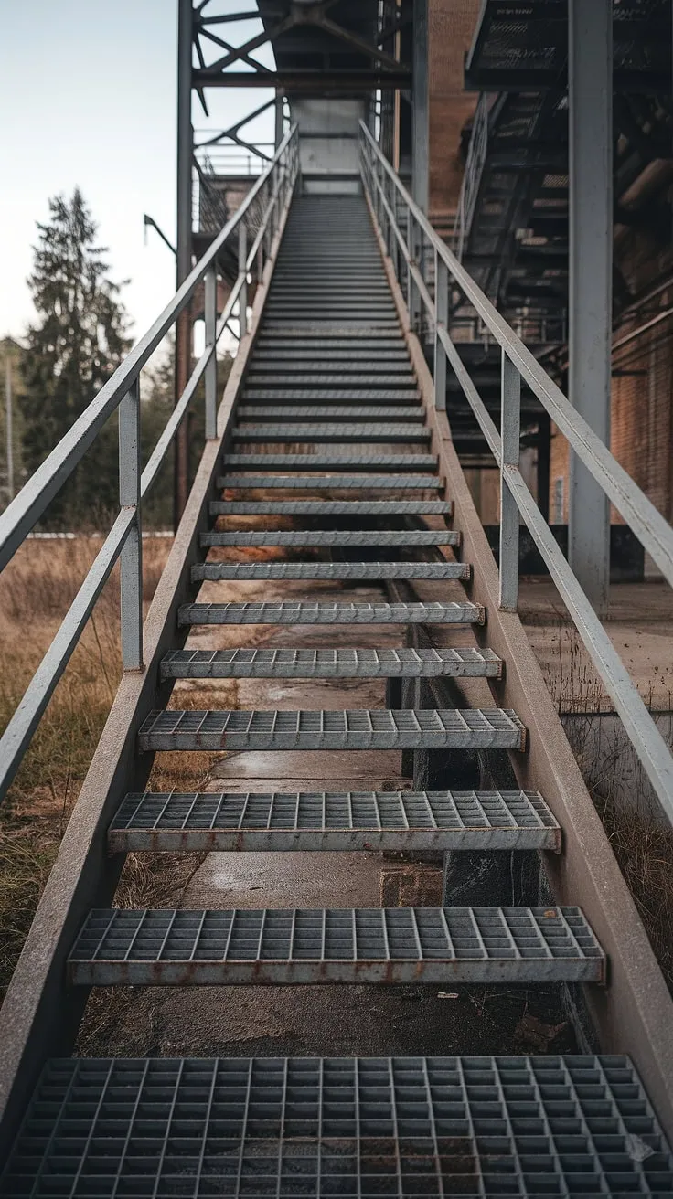 Time-worn steel stairs, a testament to industry's past.  The grilled staircase, with its weathered metal steps and sturdy stair railing design, leads towards an abandoned industrial building, a concrete base anchoring the outdoor staircase in its forgotten landscape.  The industrial stairs, a forgotten pathway, speak volumes of hard work and resilience.