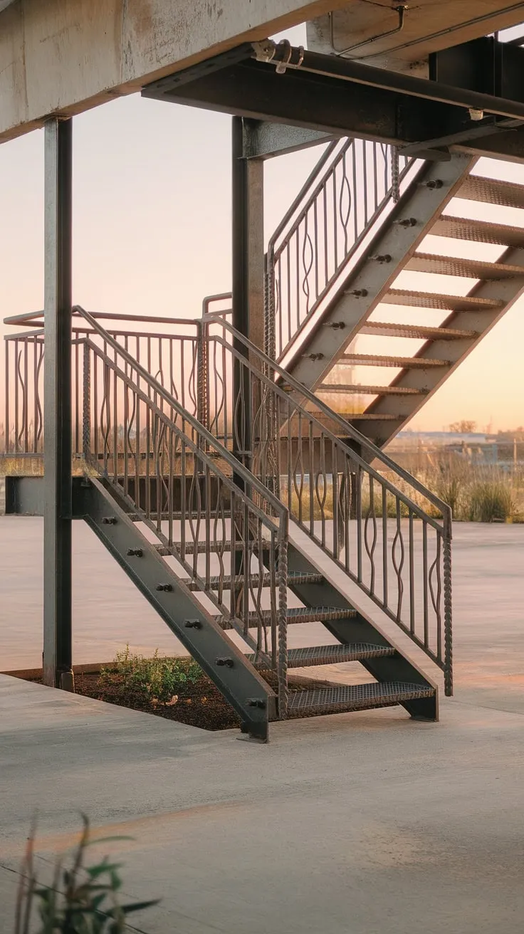This outdoor staircase, a masterpiece of industrial design, showcases the beauty of metal stairs and concrete stairs.  The unique stair railing design, with its intricate twists, complements the grilled staircase perfectly.  The steel stairs ascend towards a serene landscape, a captivating blend of urban grit and natural tranquility.