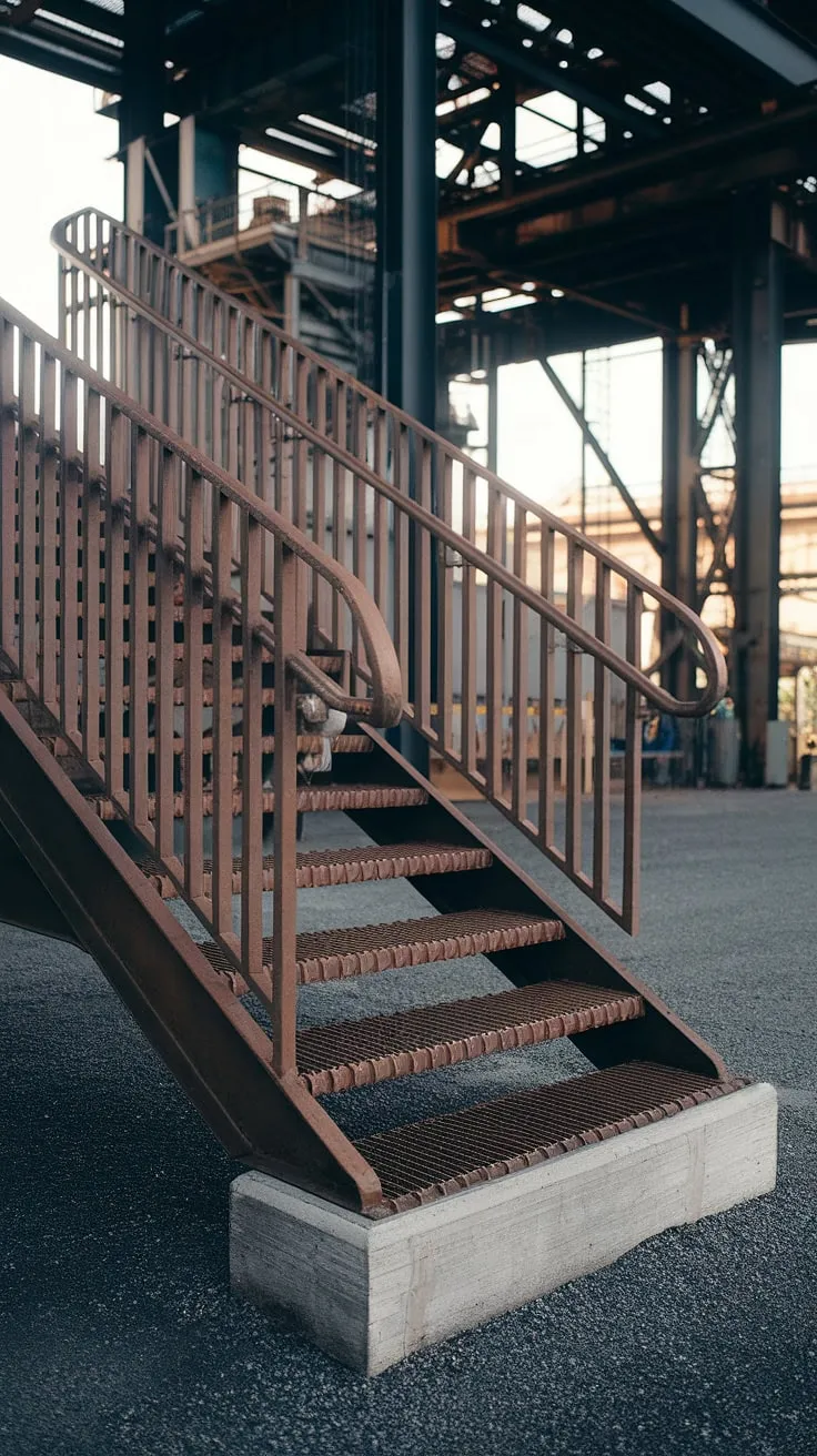These industrial stairs, a robust blend of concrete stairs and steel stairs, stand as a testament to enduring design.  The grilled staircase, with its distinctive stair railing design, climbs towards the bright sky, a captivating outdoor staircase in a gritty, sun-drenched industrial environment. The metal stairs are a powerful visual statement.