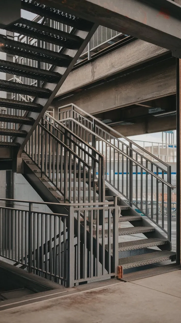 This grilled staircase, a masterpiece of industrial design, ascends against the backdrop of raw concrete.  The robust steel stairs and meticulously crafted stair railing design speak to both strength and elegance, a testament to the beauty of functional metal stairs in an outdoor setting.  The concrete stairs' foundation only enhances the overall industrial aesthetic.