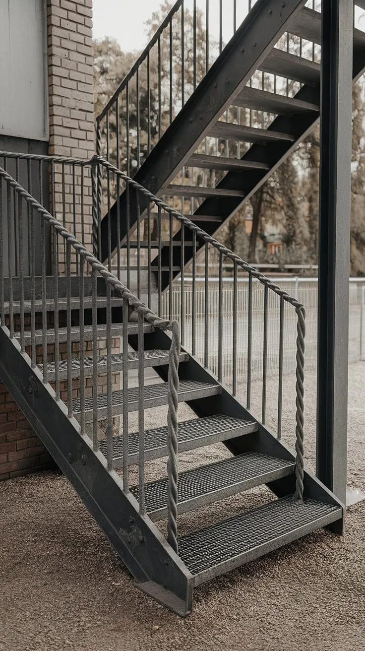 The raw elegance of these industrial stairs is undeniable.  This outdoor staircase, with its grilled surface and sturdy steel stairs, showcases a striking stair railing design.  The concrete stairs and metal stairs combine to create a powerful visual statement, perfectly situated against the backdrop of nature and brickwork.