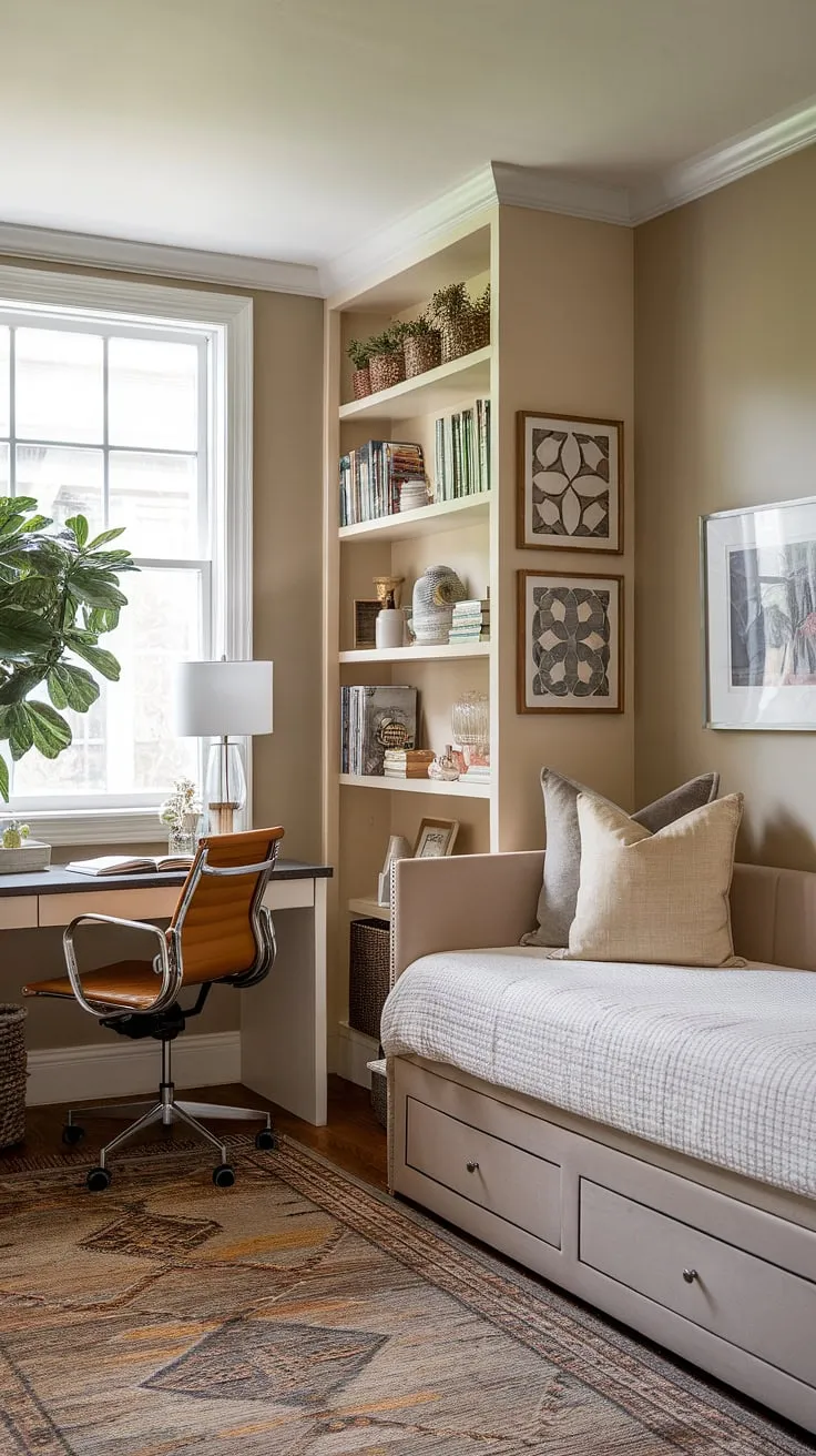 This cozy home office, perfect for guests, seamlessly blends work and relaxation with its daybed and efficient home office setup.  A small home office solution ideal as a guest bedroom office or office guest room, offering both comfort and functionality.
