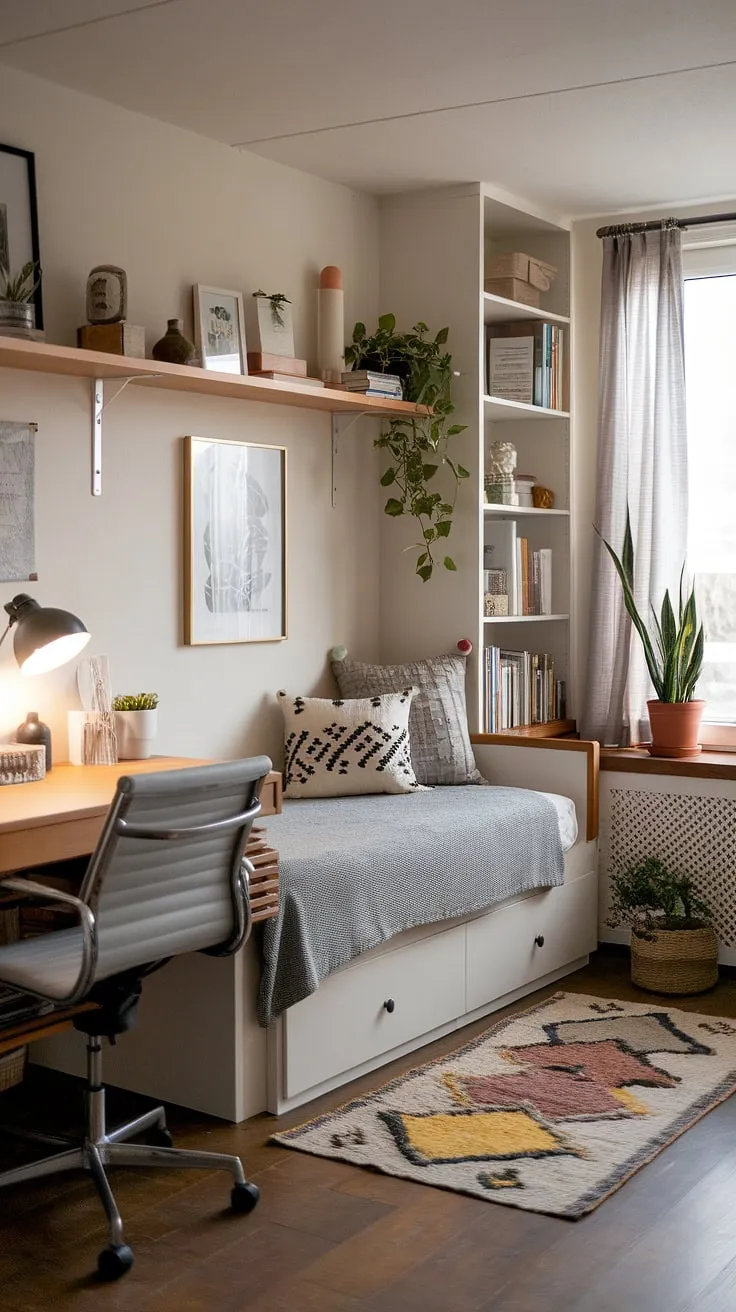 This charming guest bedroom home office proves that functionality and style can coexist.  A thoughtfully designed home office with daybed provides a welcoming space for guests and a productive workspace for you.  The small home offices design maximizes space, creating an office guest room that's both inviting and efficient.