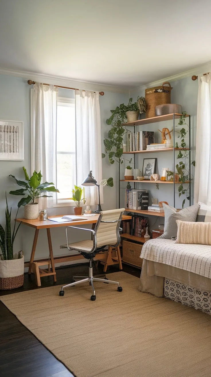 This split-level home's entrance shoe storage is anything but cramped.  A thoughtfully designed hallway nook boasts a comfortable foyer storage bench, practical pegboard for coats, and stylish floating shelves.  Perfect for a tiny home entryway or any home needing efficient coat and shoe storage, this design proves that even limited space can be maximized for both function and style.