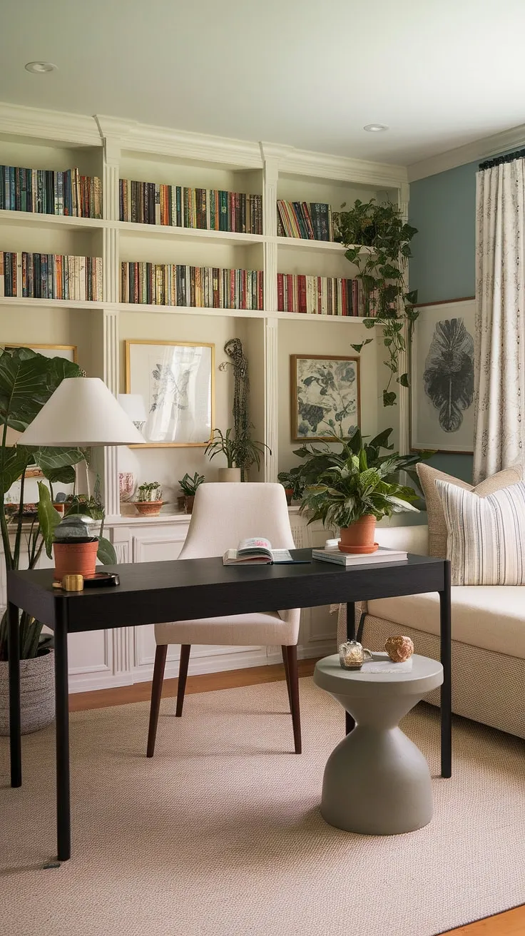 Escape to this serene guest home office, a perfect blend of productivity and relaxation. The home office with daybed offers a tranquil workspace and a comfortable spot to unwind, making it an ideal guest bedroom home office or office guest room. This cozy home office setup in a small home office space proves that big things can come in small packages.