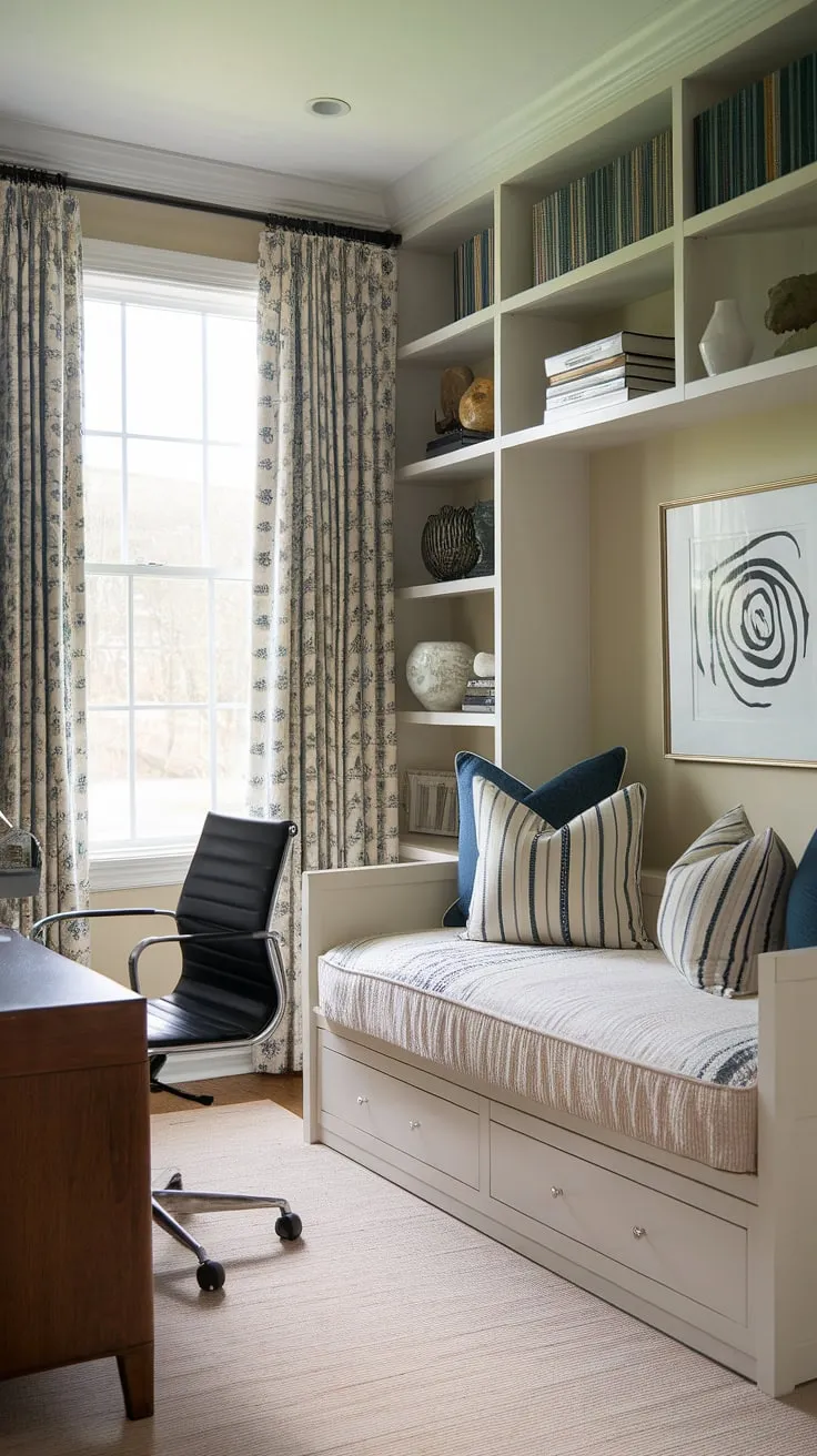 This cozy home office setup cleverly combines functionality and comfort, transforming a small space into a versatile guest bedroom office. The daybed offers a perfect spot for guests to relax, while the dedicated desk ensures productivity.  A truly ingenious guest home office solution.