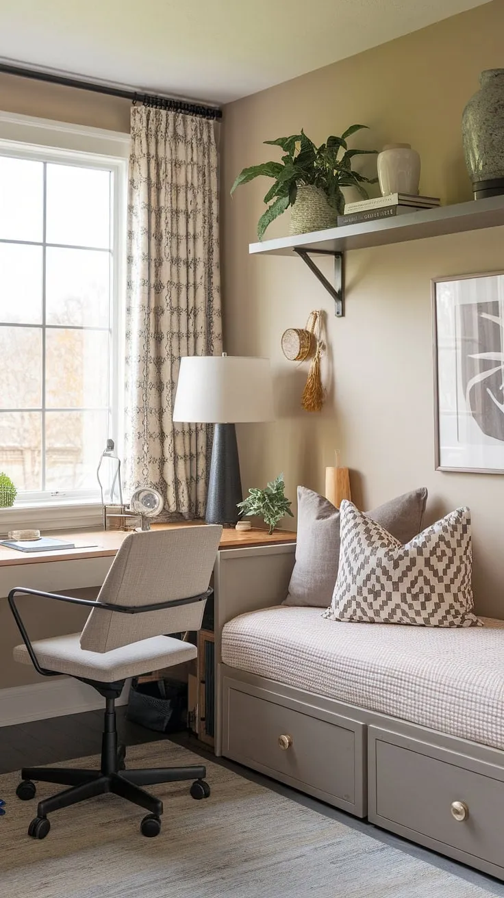 Transform your guest room into a versatile office guest room with this home office with daybed.  This guest bedroom home office offers a productive workspace and a restful retreat, ideal for small home offices needing a multi-functional design.