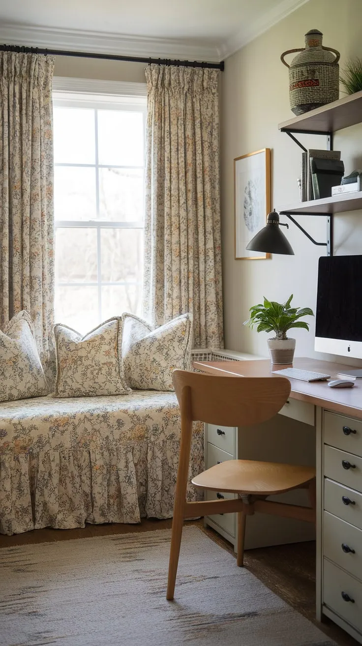 This cozy guest room seamlessly blends comfort and productivity with a charming home office setup. The floral daybed offers a restful retreat, while the dedicated workspace, complete with computer and lamp, ensures guests can work or relax in style. A perfect example of a small home office maximizing space and functionality in a guest bedroom office.