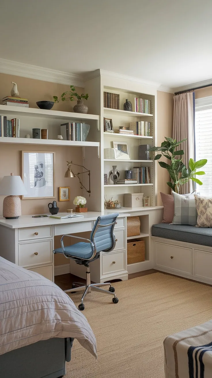 This cozy guest bedroom seamlessly blends comfort and productivity with a thoughtfully designed home office setup. The daybed offers a restful retreat, while the small home office area provides a dedicated workspace, perfect for guests who need to work remotely.  A truly versatile guest room office.