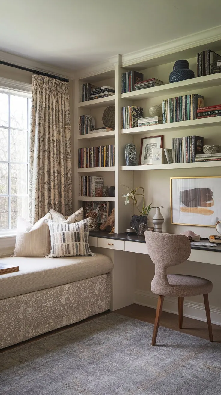 This cozy guest bedroom seamlessly blends comfort and productivity with a thoughtfully designed home office setup. The daybed offers a welcoming space for guests, while the dedicated desk and bookshelf create a functional and inspiring small home offices environment.  A perfect example of a guest room office maximizing space and style.