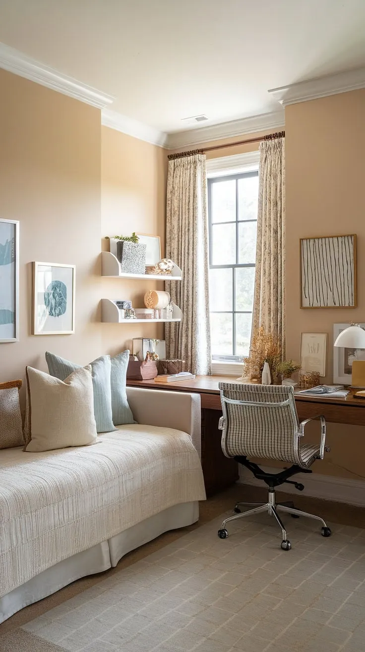 This cozy guest room office perfectly balances relaxation and productivity.  The daybed offers a comfy spot to unwind after a long workday, while the efficient home office setup ensures you're always ready to tackle your tasks.  A perfect example of maximizing space in small home offices.