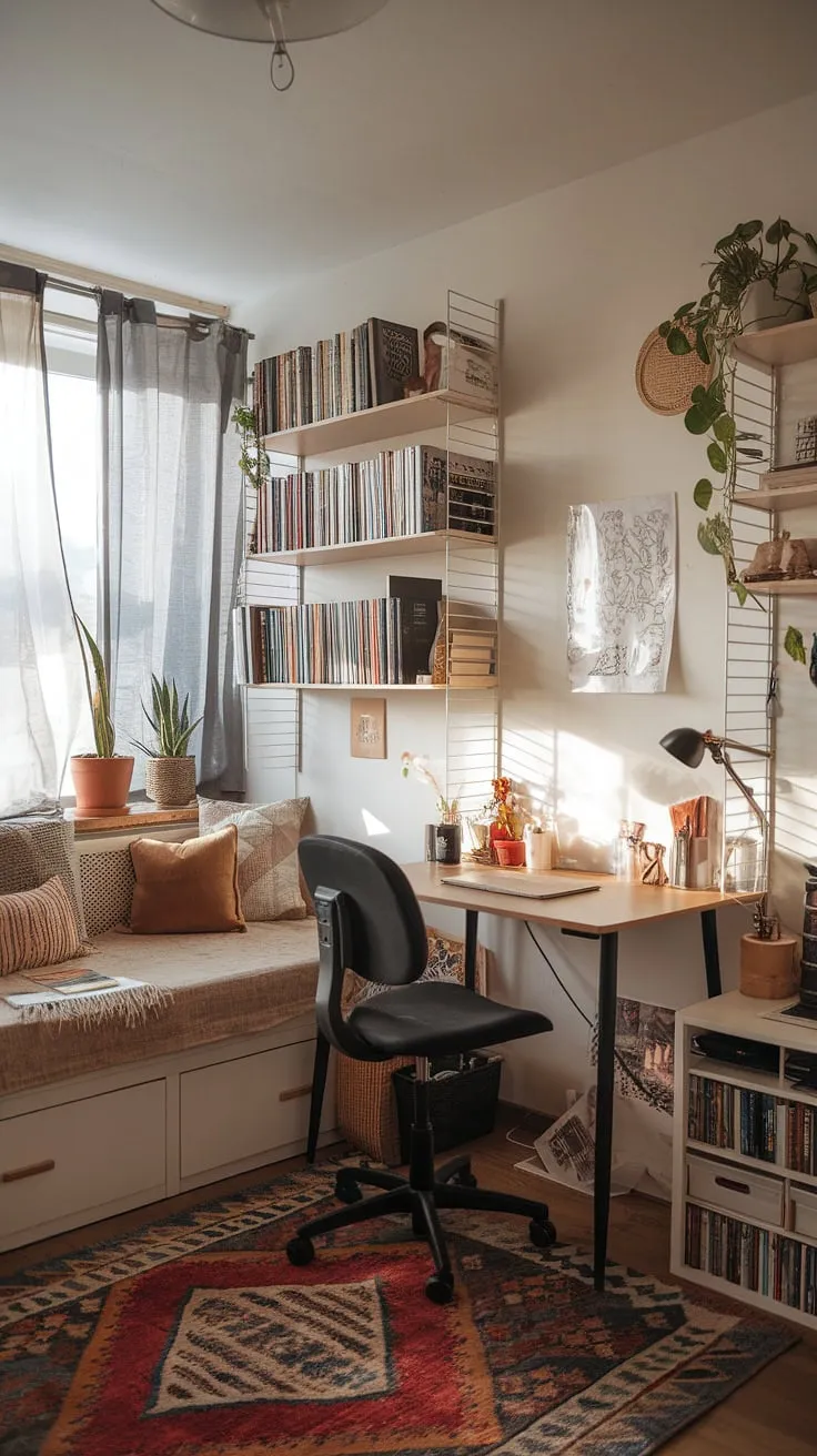 This cozy home office setup, perfect as a guest bedroom office, seamlessly blends work and relaxation. The daybed offers a comfortable space for guests, while the small home office provides a dedicated workspace.  A perfect solution for small home offices needing versatility.
