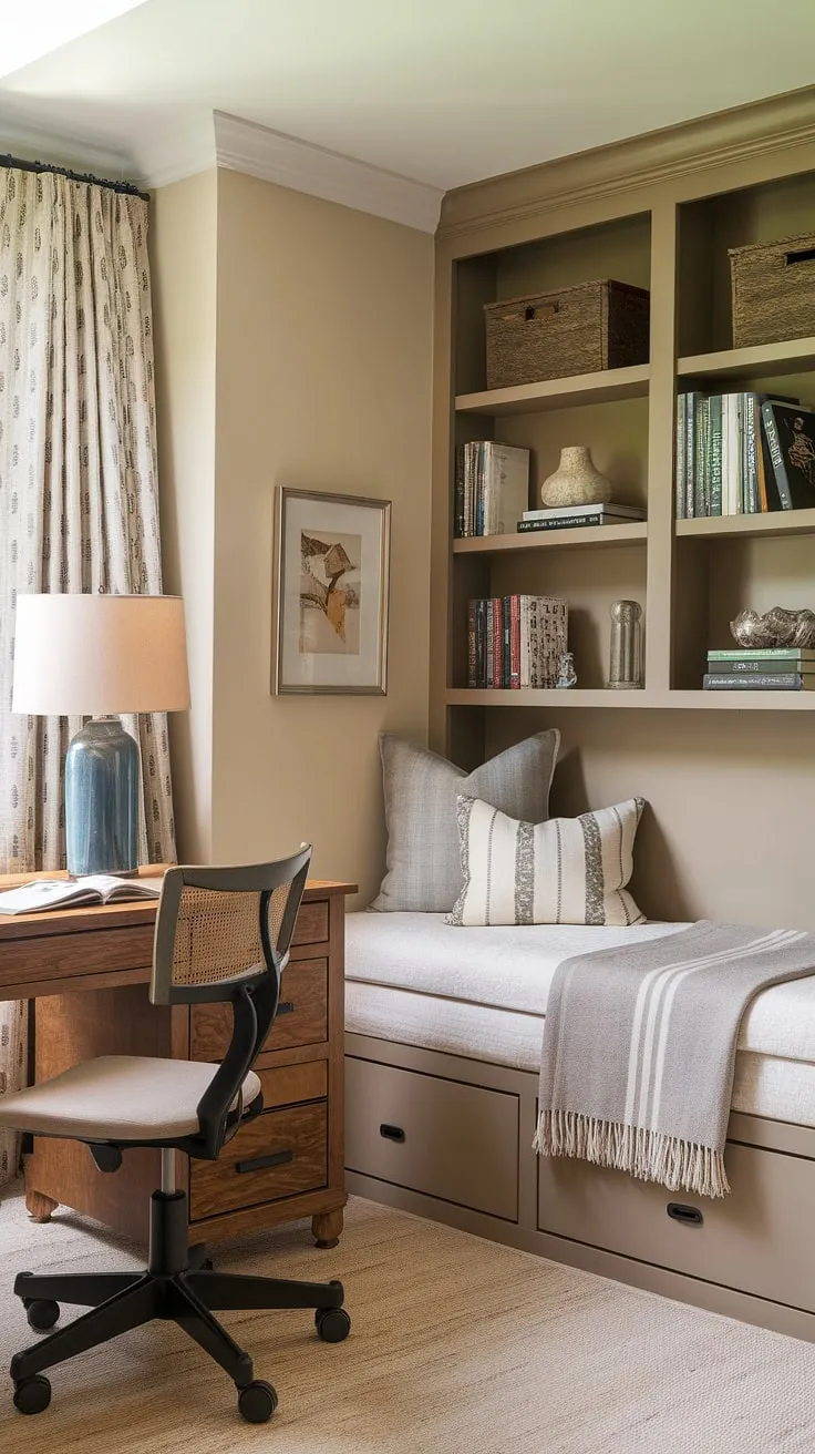 Escape to this cozy guest home office, where productivity meets relaxation.  The perfect home office setup, featuring a daybed for guests and a dedicated workspace, making it an ideal guest bedroom office or even a small home offices solution.