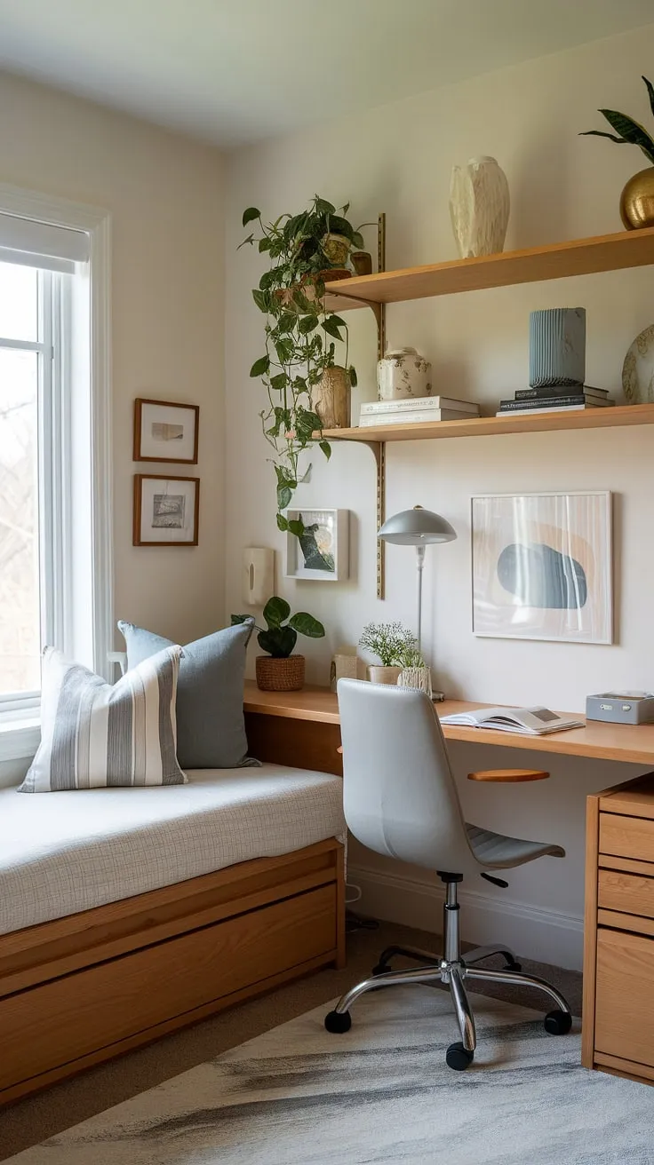Maximize space and style in this tiny home entryway.  The open concept front entry flows seamlessly into a hallway nook featuring a foyer storage bench with coat and shoe storage, cleverly designed with split entry shoe storage for ultimate organization.  Entryway decor storage is effortlessly achieved with a decorative touch atop the bench.