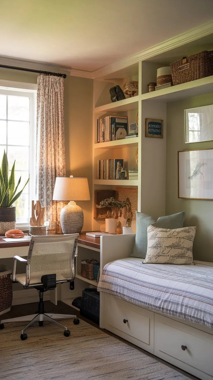 Escape to this tranquil guest room office, a perfect blend of comfort and productivity.  The daybed offers a respite, while the small home office setup ensures you can work efficiently, even when guests are staying. This cozy home office, designed for both relaxation and focus, is the ultimate guest bedroom office solution.