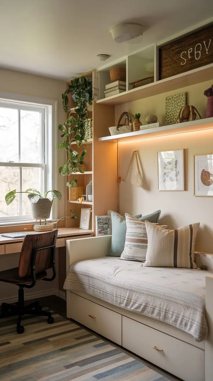 This thoughtfully designed tiny home entryway showcases a multifunctional foyer storage bench.  The hallway nook cleverly incorporates coat and shoe storage, along with entrance shoe storage and entryway decor storage, all within this charming open concept front entry.  The split entry shoe storage is a space-saving marvel.