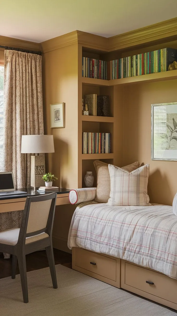 Escape to this cozy guest home office, where productivity meets relaxation.  The home office with daybed offers a versatile space, perfect for guests or focused work in this charming guest bedroom office.  This small home offices setup proves that big ideas thrive even in compact spaces.
