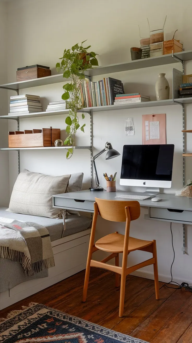 This guest room office is the epitome of a cozy home office.  A thoughtfully designed home office with daybed, this small home office setup in a guest bedroom offers the best of both worlds: a dedicated workspace and a comfortable place for guests to relax.  The office guest room is a testament to efficient and stylish space planning.