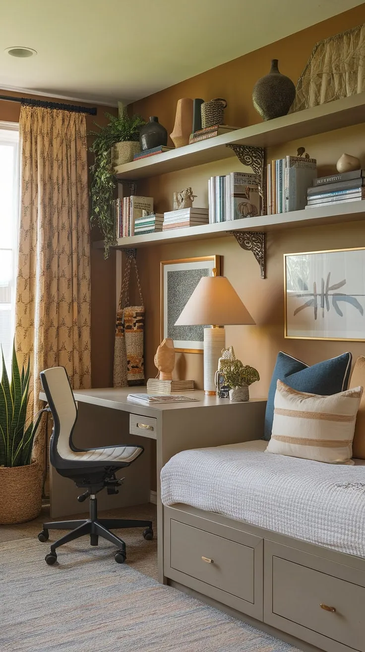 This cozy guest room office perfectly blends functionality and comfort.  The daybed offers a relaxing retreat, while the small home office setup with its dedicated desk and shelves ensures productivity. A perfect guest bedroom office or office guest room solution for those needing a versatile space.