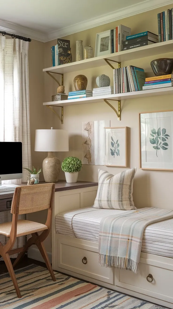 Escape to productivity in this cozy guest home office.  The perfect blend of work and rest, this home office with daybed offers a tranquil space for focused work and comfortable relaxation.  A small home office setup ideal for guests, this guest bedroom office seamlessly combines functionality and charm.