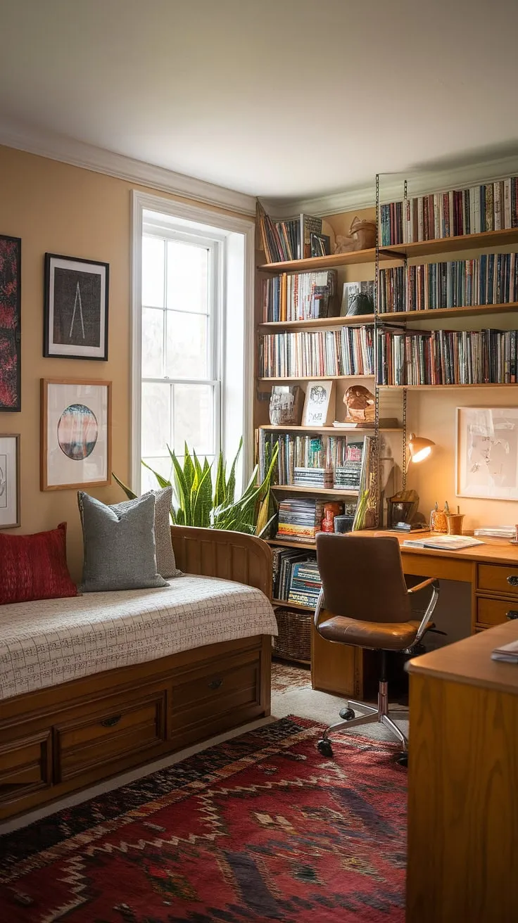 This charming guest bedroom home office is the epitome of efficient space planning.  A comfortable daybed seamlessly integrates with a functional workspace, creating a versatile guest room office that's both inviting and productive.  The home office with daybed design is perfect for small home offices needing a multi-purpose solution.  This cozy home office is the ultimate blend of style and practicality.