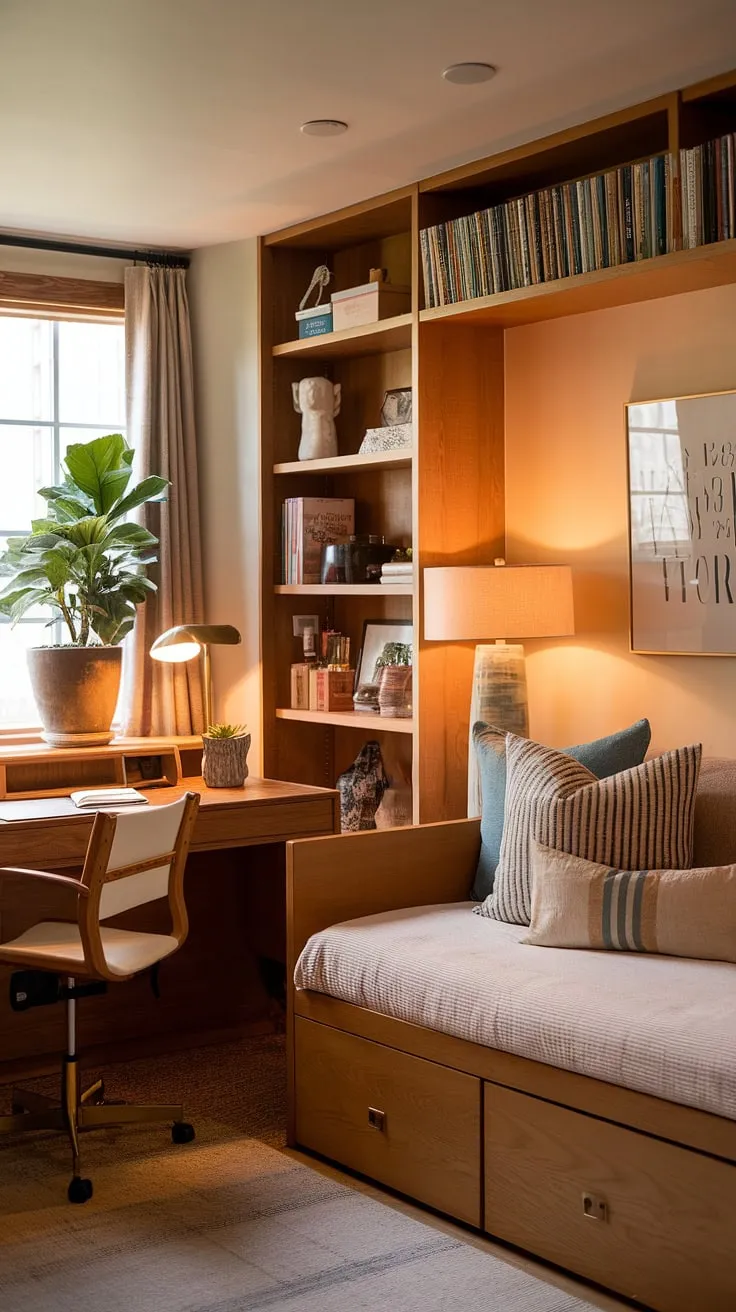 Sunlight streams into this tiny home entryway, highlighting the clever use of space.  The hallway nook, complete with a foyer storage bench, provides ample coat and shoe storage, transforming this open concept front entry into a stylish and functional entrance shoe storage solution.  Entryway decor storage is seamlessly integrated, proving that even the smallest homes can boast impressive organization.