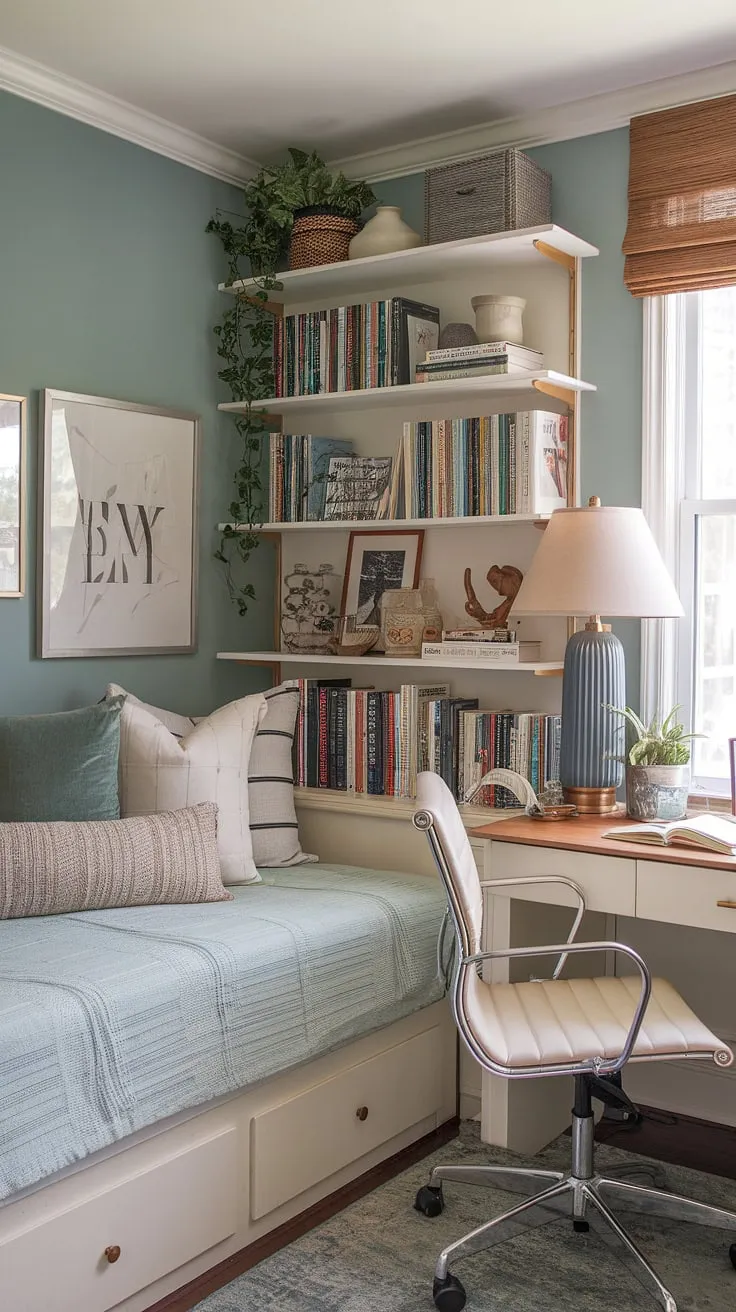 Maximize space and style in this tiny home entryway.  This hallway nook boasts clever foyer entryway storage solutions, including a foyer storage bench, coat and shoe storage, and a floating shelf for entryway decor storage.  The split entry shoe storage in baskets keeps things organized, while the open concept front entry feels welcoming and bright.
